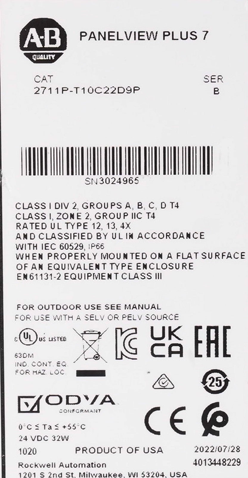 Allen Bradley 2711P-T10C22D9P /B PanelView Plus 7 HMI 2711PT10C22D9P Without Box