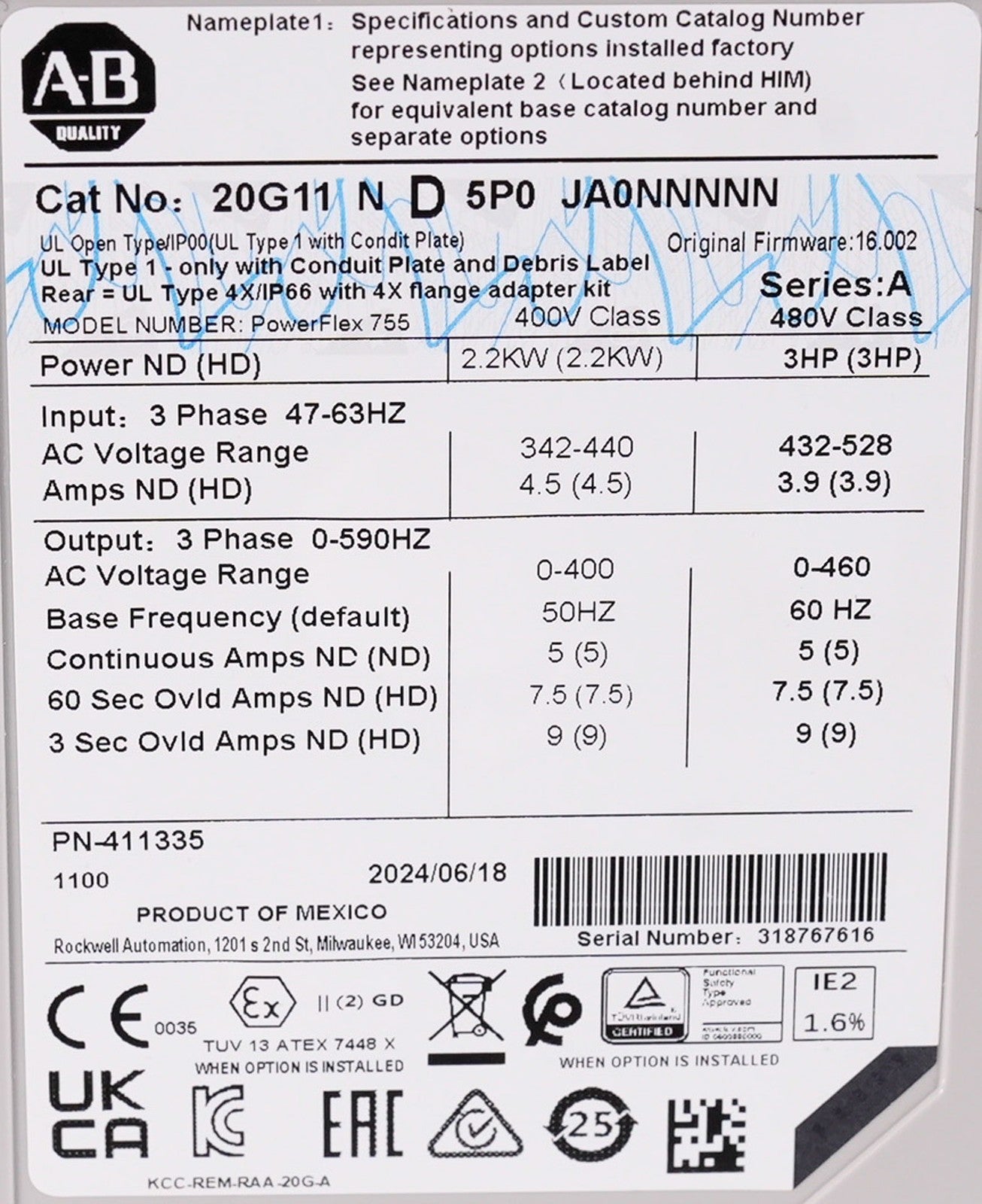 Allen Bradley 20G11ND5P0JA0NNNNN /A PowerFlex 755 AC Drive 480V 3HP - Open Box