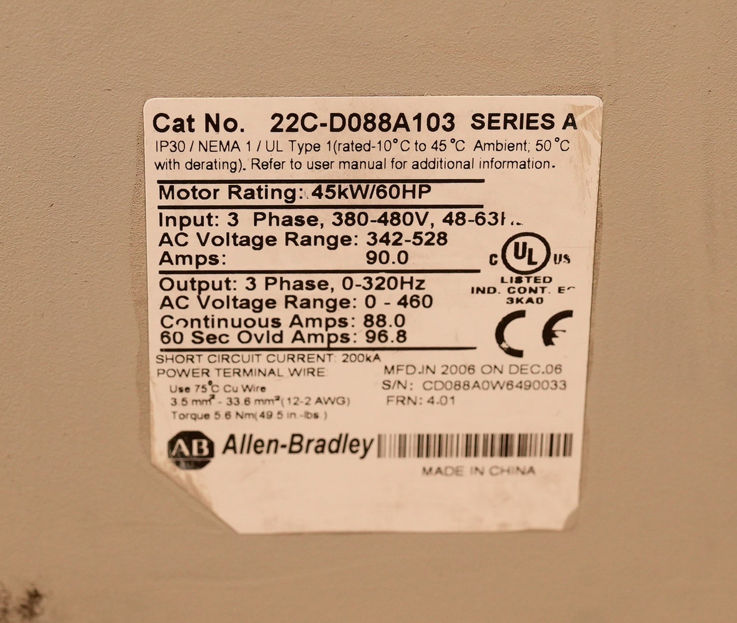 Allen Bradley 22C-D088A103 /A PowerFlex 400 AC Drive 480V 60HP + 1 Year Warranty