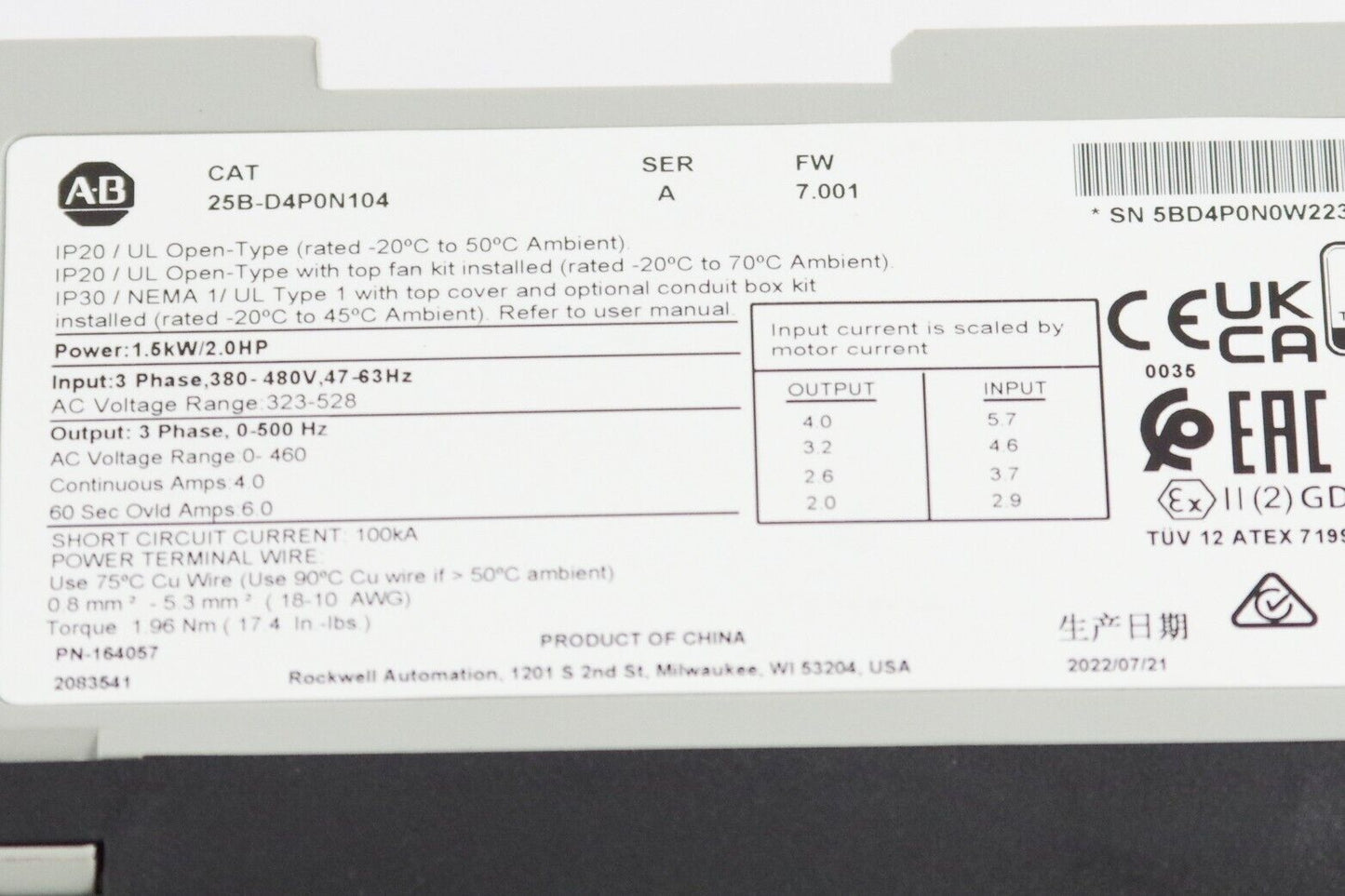 2022 ALLEN BRADLEY 25B-D4P0N104 Ser A Powerflex 525 2hp AC Drive