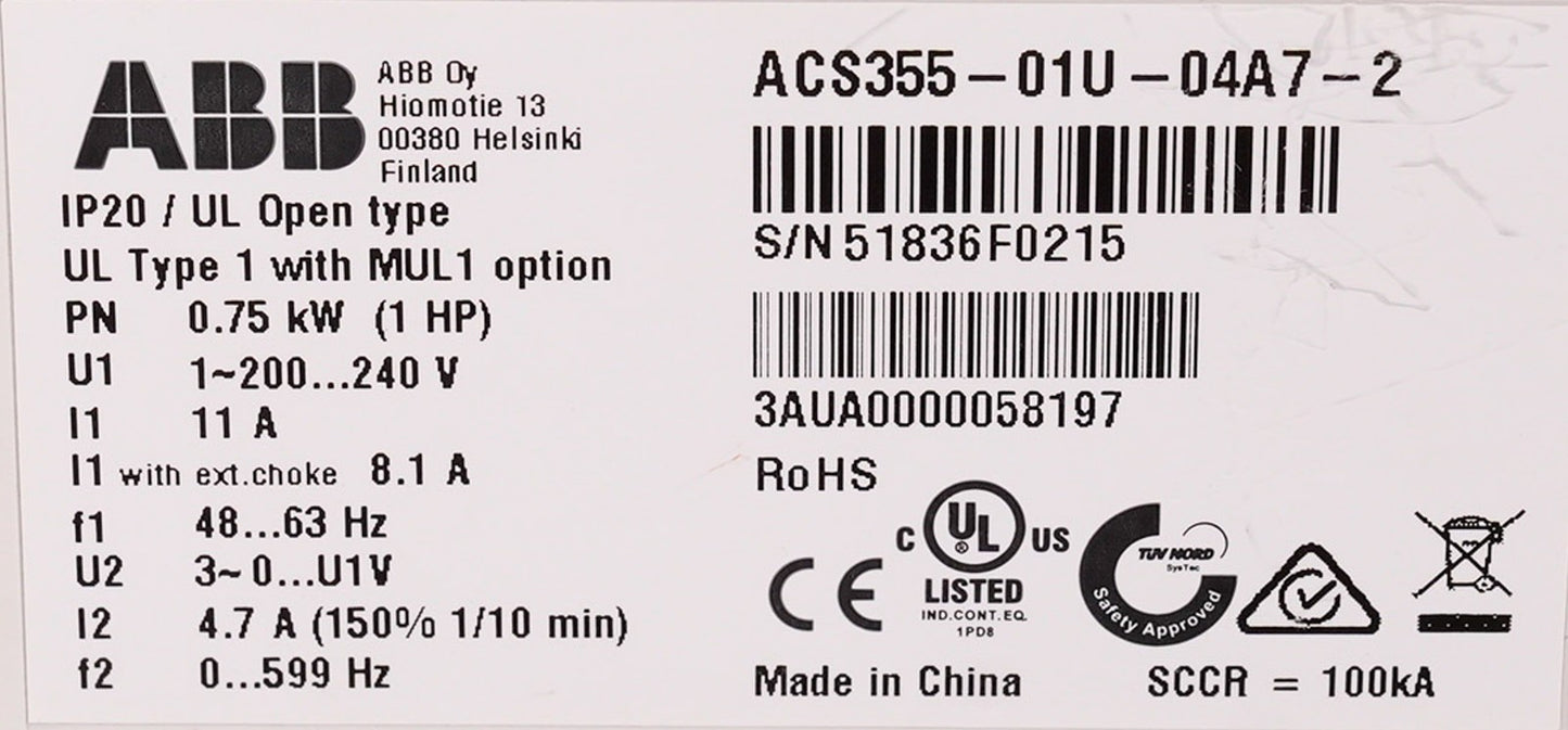 ABB ACS355-01U-04A7-2 AC Drive 200-240V 1HP 4.7A ACS35501U04A72