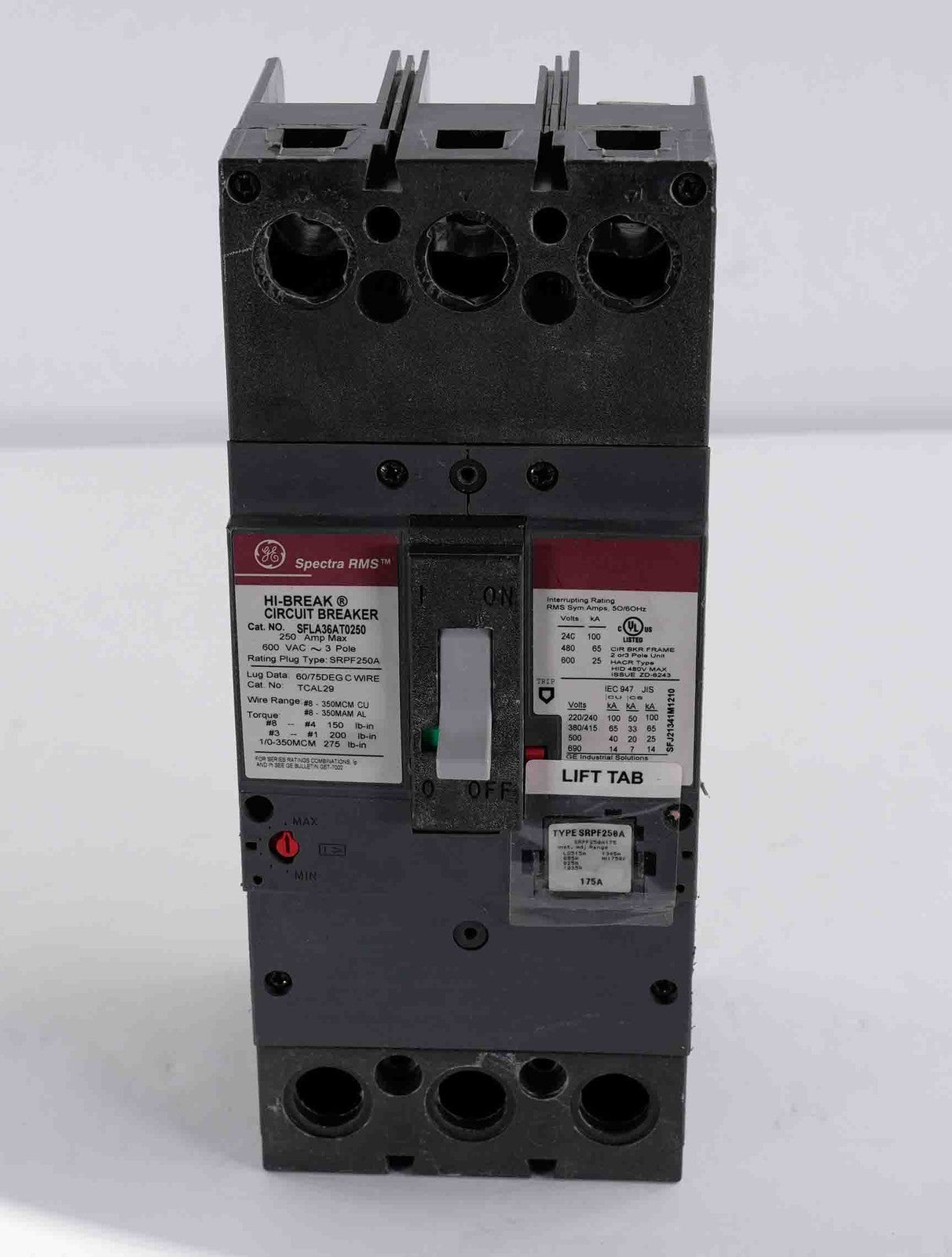 GE SFLA36AT0250 Spectra RMS Circuit Breaker 3 Pole 250 Amp Max 600 VAC
