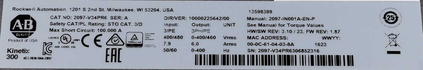 Allen Bradley 2097-V34PR6 /A Kinetix 300 Servo Drive 2097V34PR6 Without Box