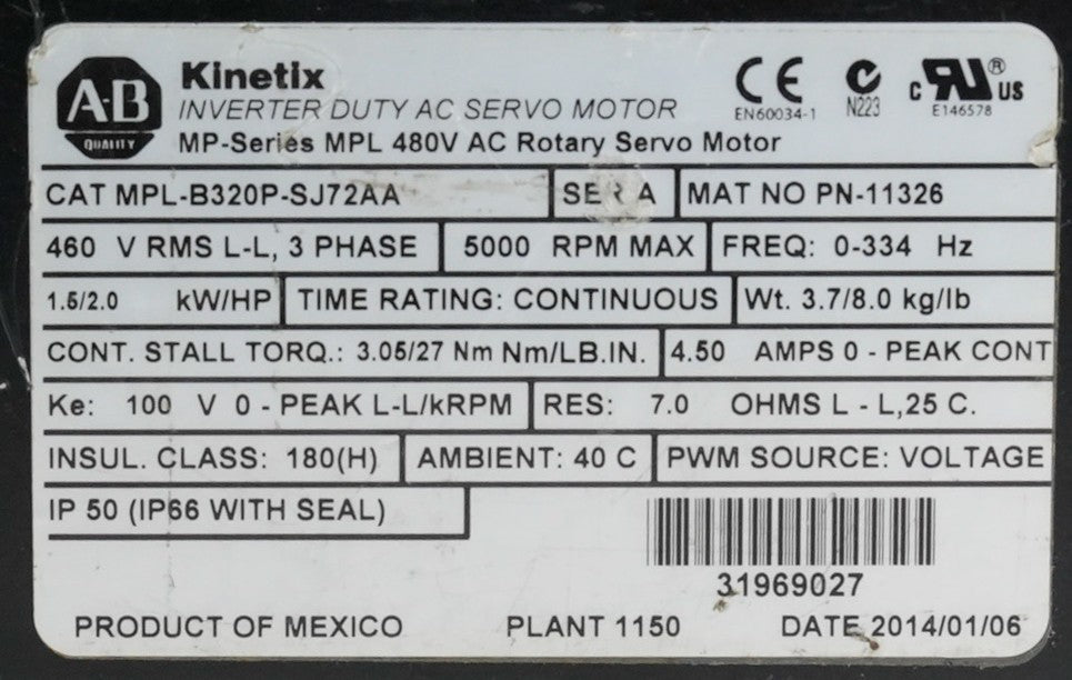 Allen Bradley MPL-B320P-SJ72AA /A 480V AC Rotary Servo Motor 5000RPM
