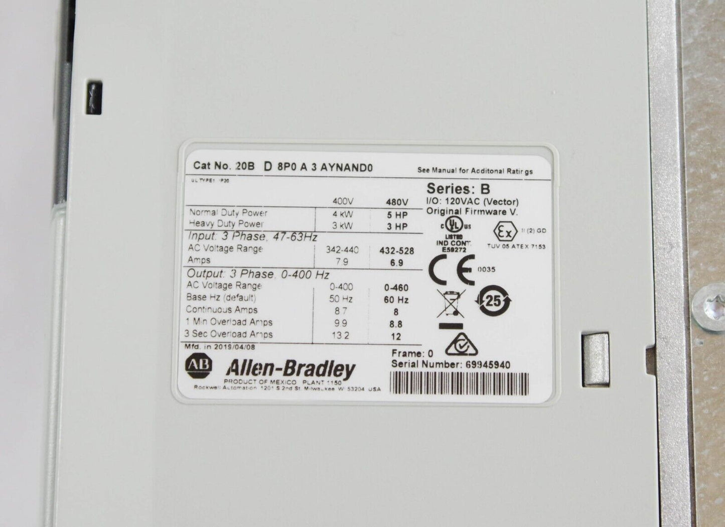 2019 Allen-Bradley 20BD8P0A3AYNAND0 /B PowerFlex 700 AC Drive 5HP +1 Yr Warranty