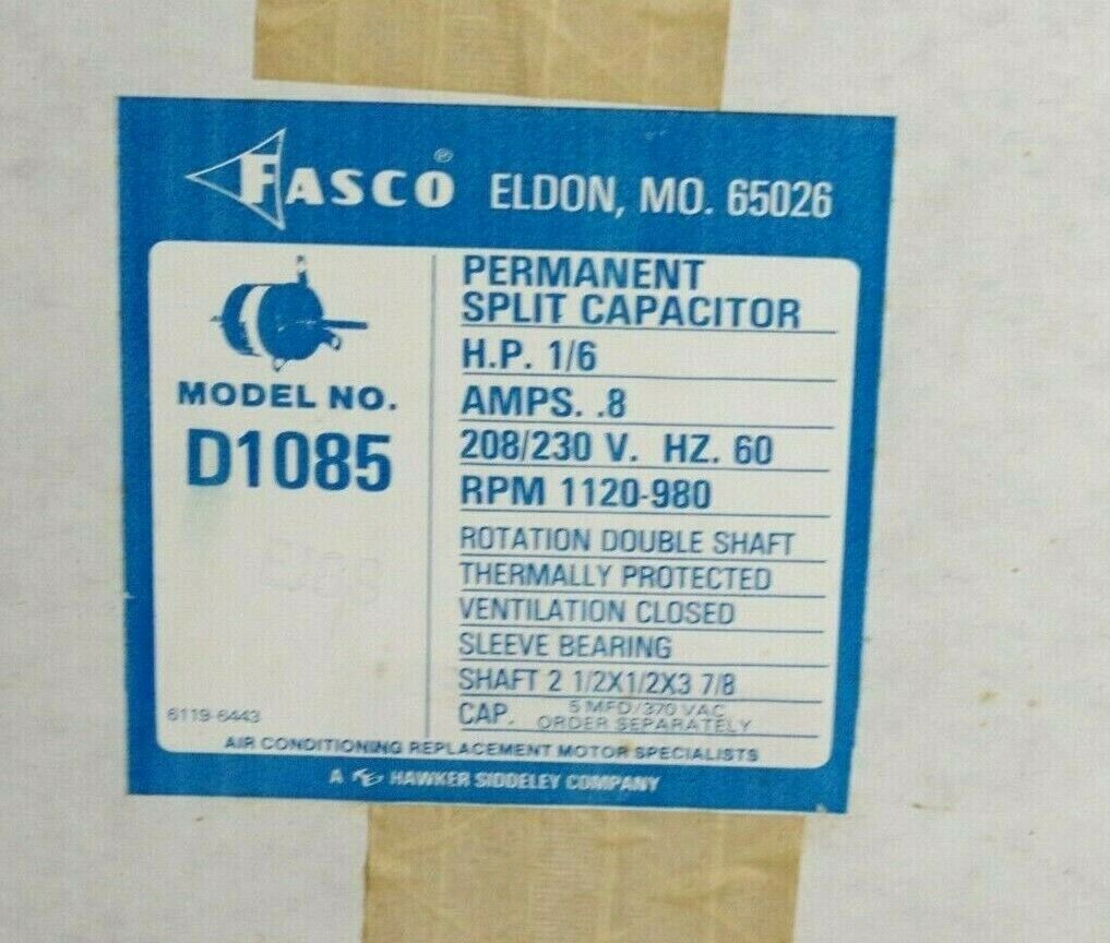 FASCO D1085  ELECTRIC MOTOR 208-230V 1/6 HP .8A 7176-2907 1120RPM 980RPM