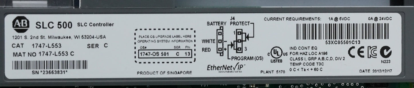 Allen Bradley 1747-L553 /C SLC 500 5/05 Controller Ethernet OS501/C FW 13