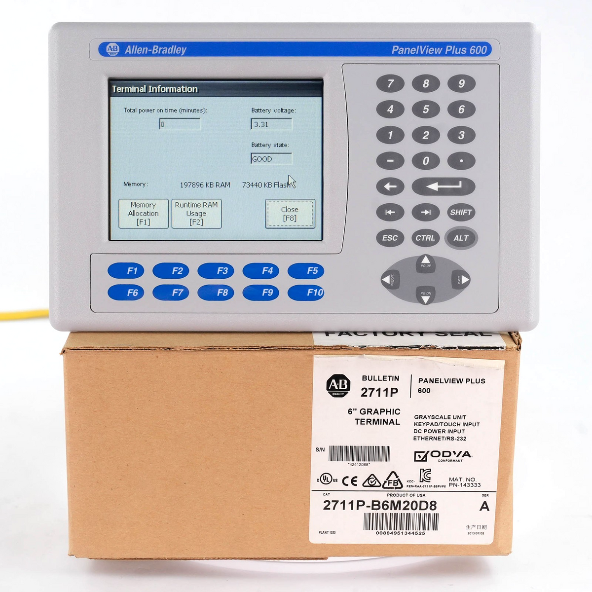 Allen Bradley 2711P-B6M20D8 Ser A PanelView Plus 6 600 Mono Key/Touch 24VDC