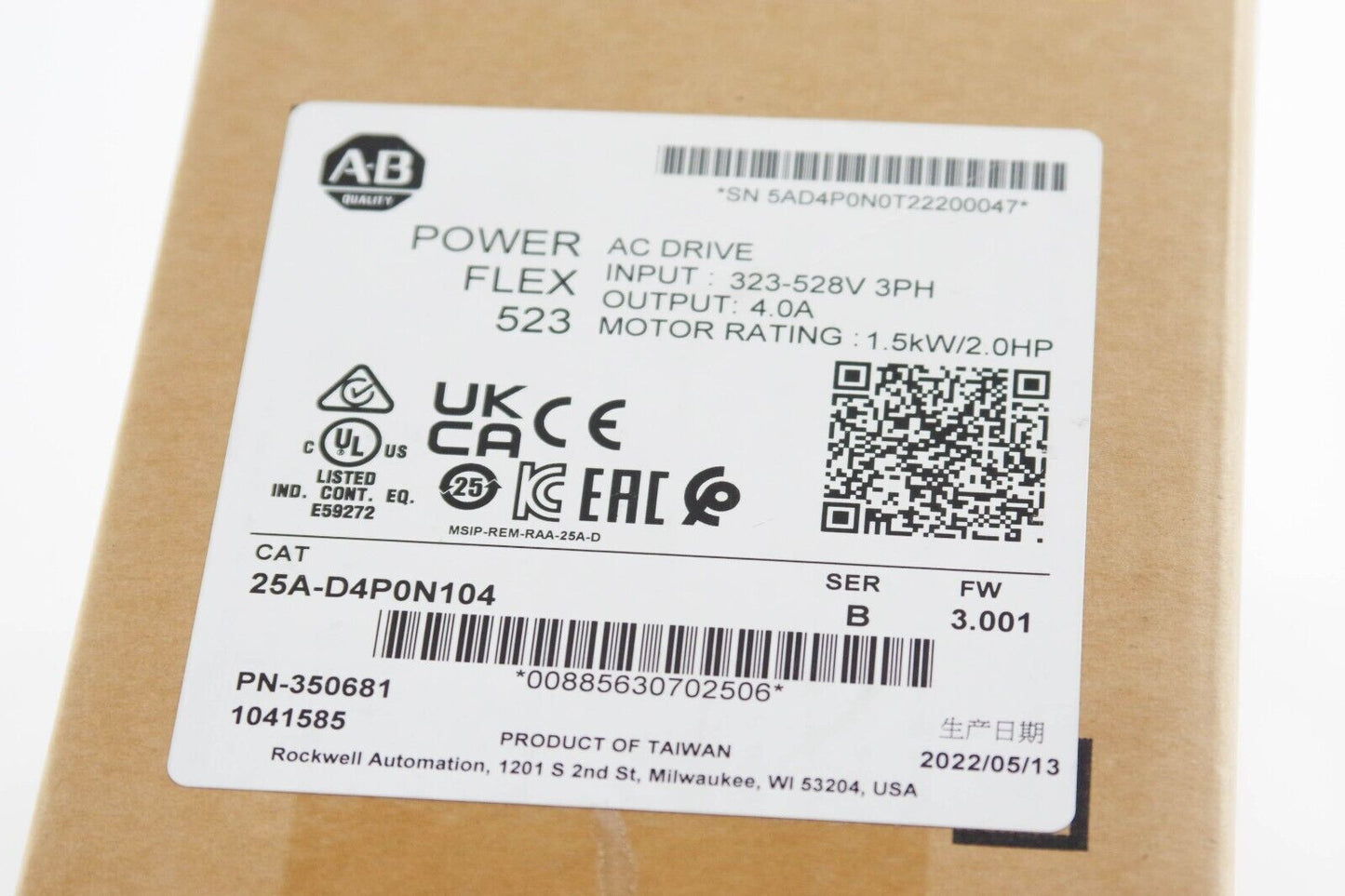 Allen Bradley 25A-D4P0N104 / 25AD4P0N104 Ser B PowerFlex 523 AC Drive 2.0HP 480V